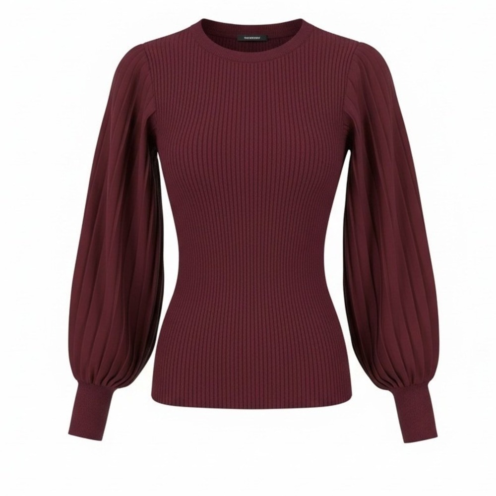 WHBM Ribbed Knit Top‎ Burgundy Pleated Puff Sleeve Blouse XS Valentine's Outfit